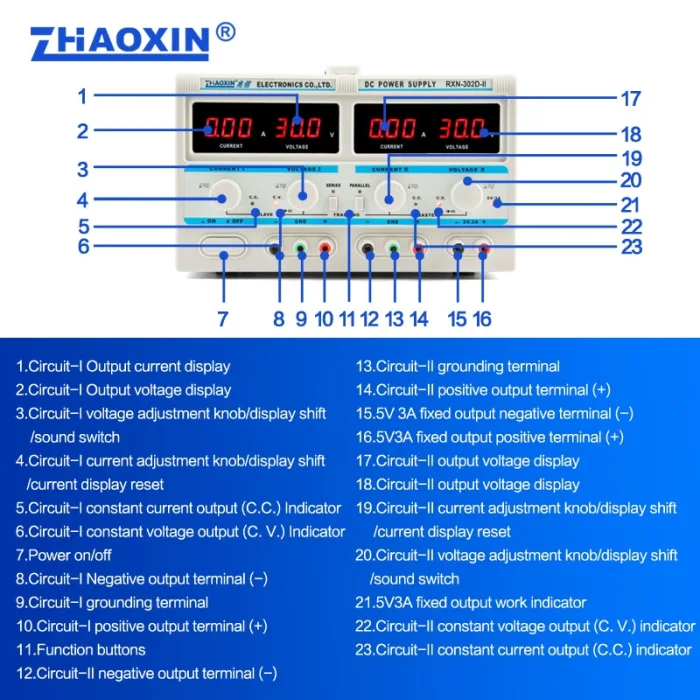 Multiple Output Linear DC adjustable power supply Model: RXN-302D-II