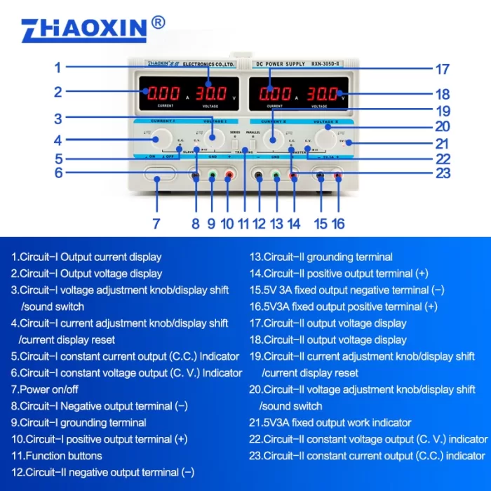 Multiple Output Linear DC adjustable power supply Model: RXN-305D-II